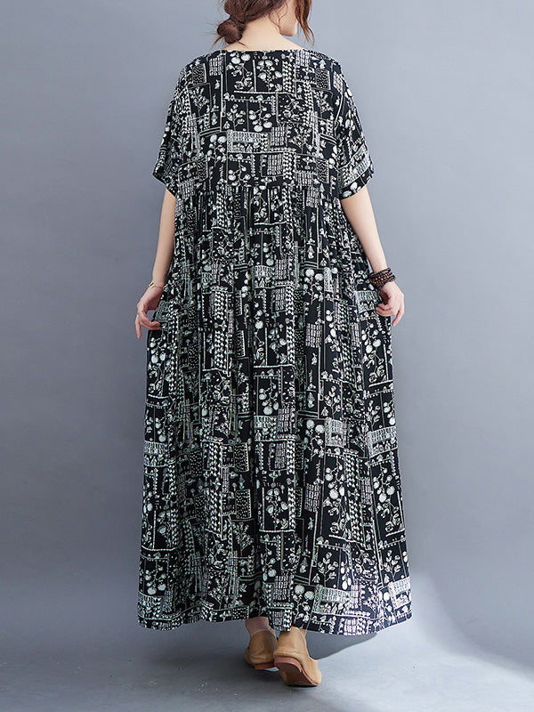 Vacation Loose Short Sleeves Floral Printed Contrast Color Round-Neck Midi Dresses