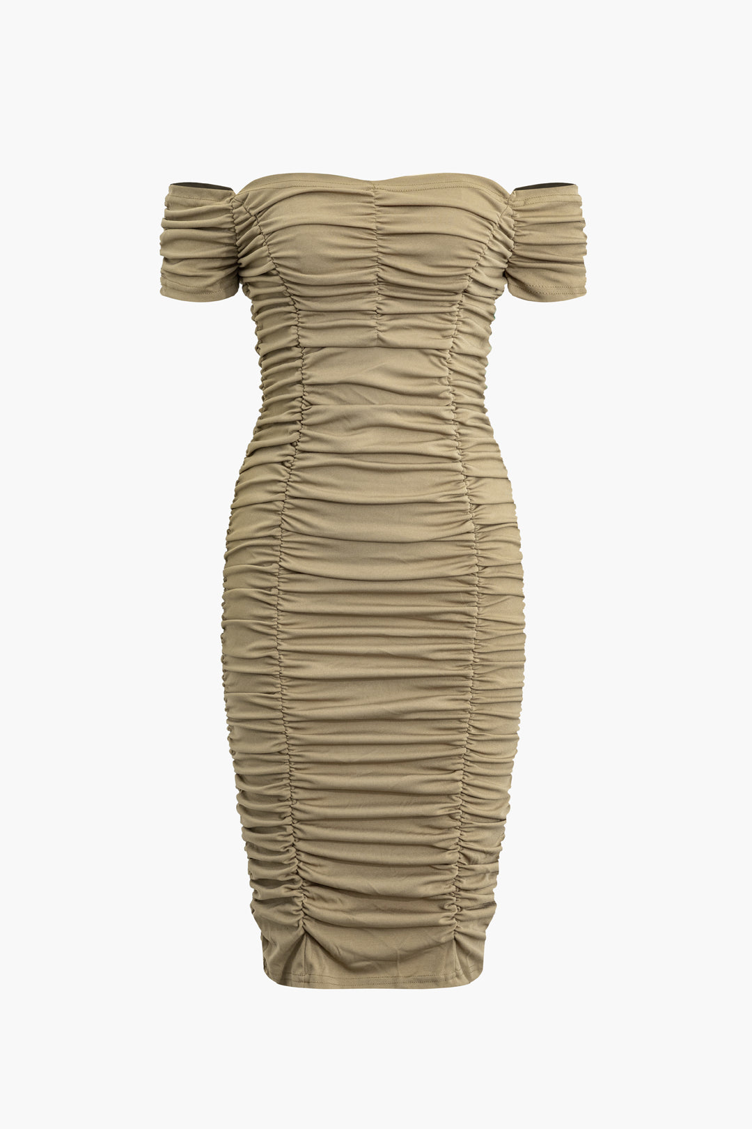 Gerüschtes, schulterfreies Midikleid 