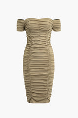 Gerüschtes, schulterfreies Midikleid 