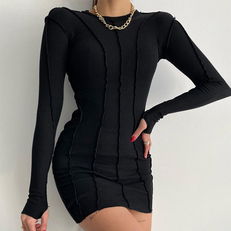 Screw Thread Mini Dress For Women 2025 Spring Ribbed Long Sleeve Bodycon Dresses Pink Streerwear Elastic Casual VestidosChristmas Gifts
