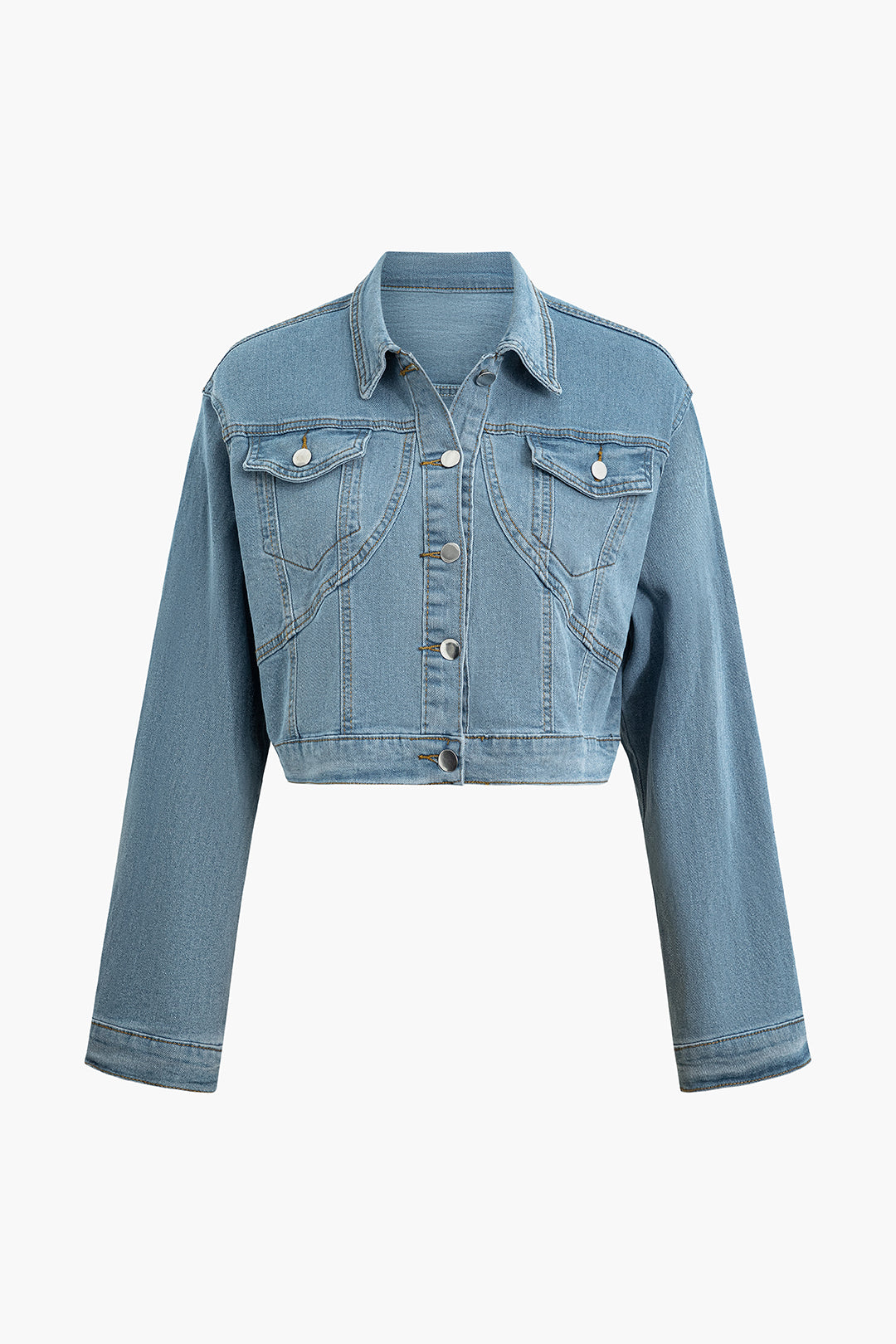 Collared Flap Pocket Denim Crop Jacket And Mini Skirt Set