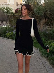 Autumn New Knitted Mini Dress For Women Fungus Contrast Color Slim Sweater Dress Elegant Female Party Clothes Long SleeveChristmas Gifts