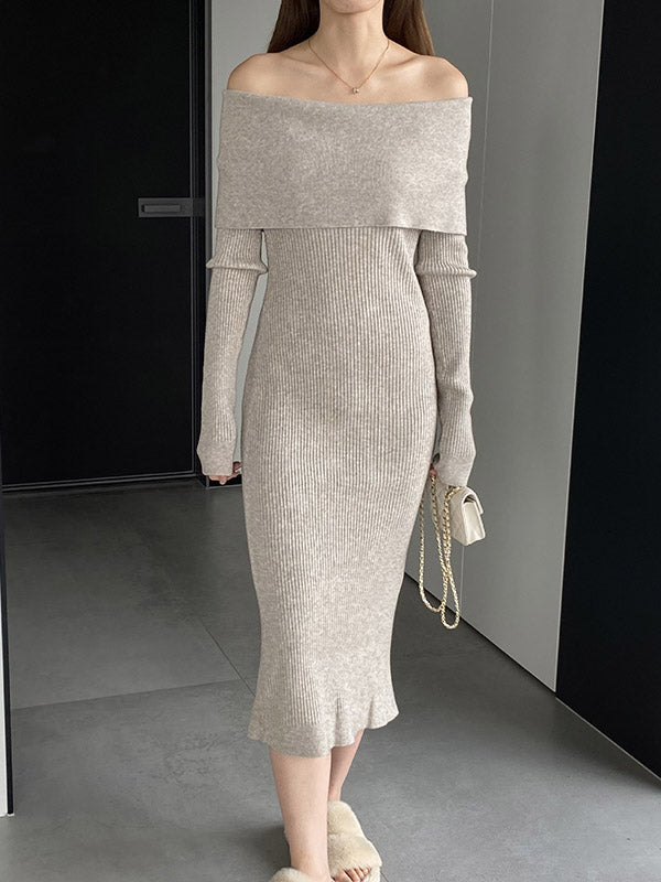 Solid Color Bodycon Long Sleeves Off-The-Shoulder Midi Dresses