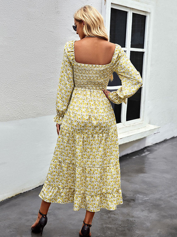 Bohemia Long Sleeves Floral Printed U-Neck Dress