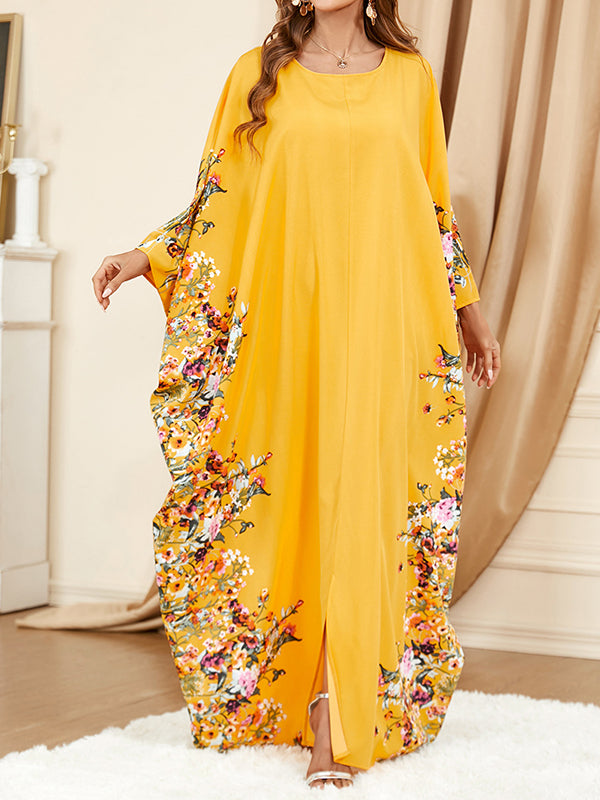 Batwing Sleeves Loose Muslim Printed Split-Front Round-Neck Maxi Dresses