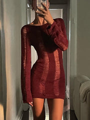 Sexy Sheer Knitted Dress Women Bodycon Long Sleeve Hollow Out Mini Dresses Femme Club Sexy Backless Knitwear Dress WomensChristmas Gifts