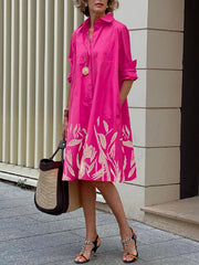 Long Sleeves Leaves Print Lapel Midi Dresses