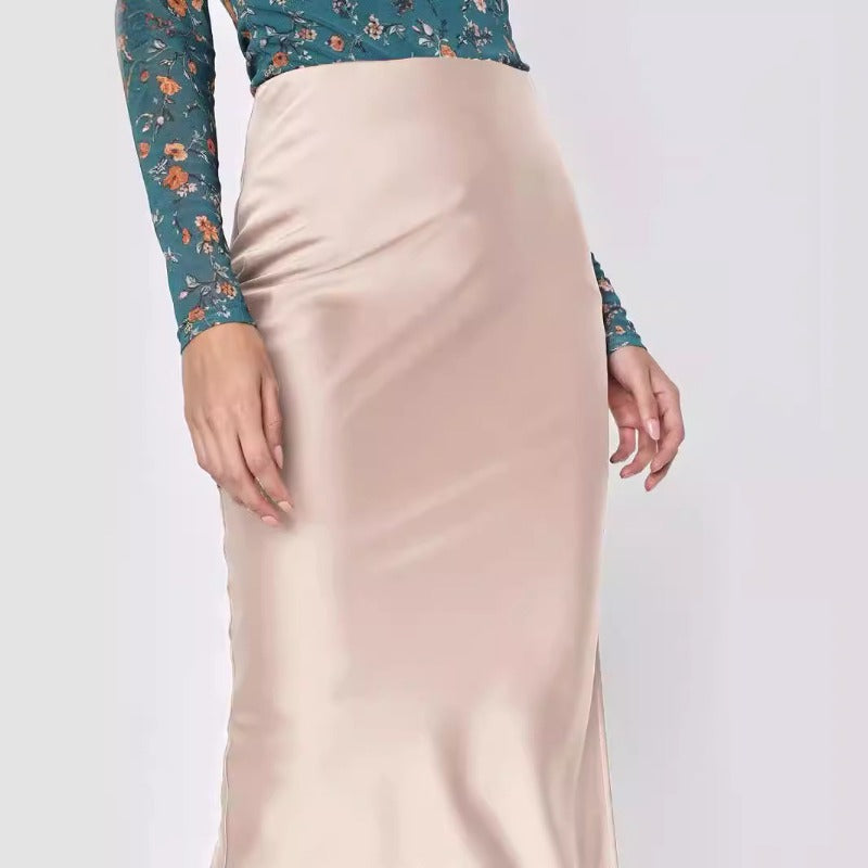 Damen Satinrock Sexy Asymmetrischer Hoher Taille Elastischer Maxirock Mode Einfarbig Elegant Party Damen Schlitzrock 