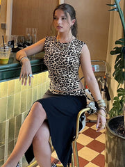 Fashion Double Wear Skirt Suit Female Leopard Print Lace Up Sleeveless Vest Irregular Splice Skirt Two Pieces Set Women's