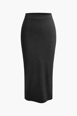 Solid Rib Knit Round Neck Long Sleeve Top And High Waist Midi Skirt Set