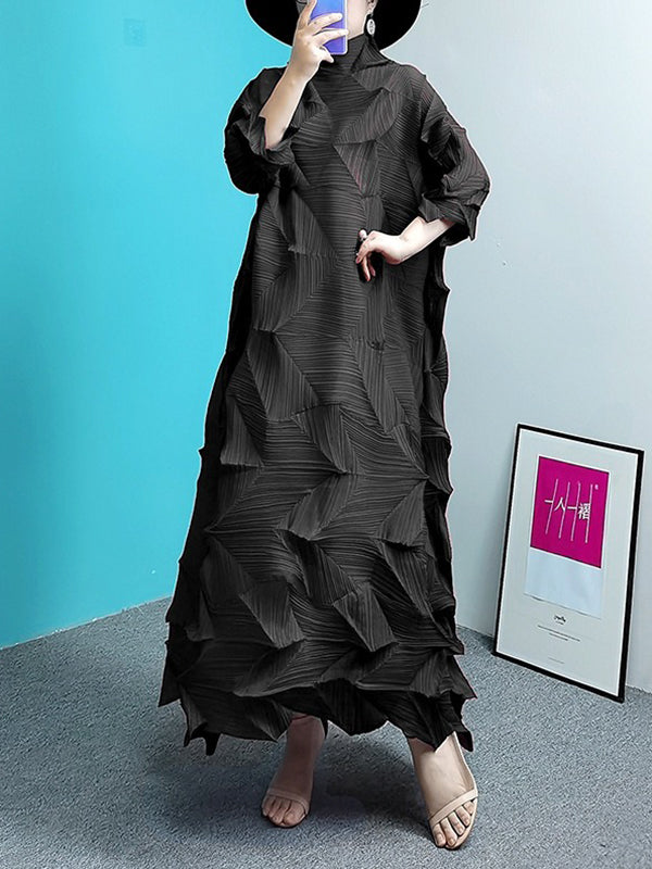 Pleated Solid Color Long Sleeves Loose Stand Collar Maxi Dresses