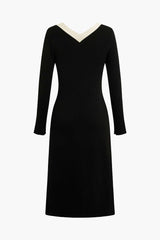 Contrast Trim Slit V-neck Long Sleeve Knit Dress