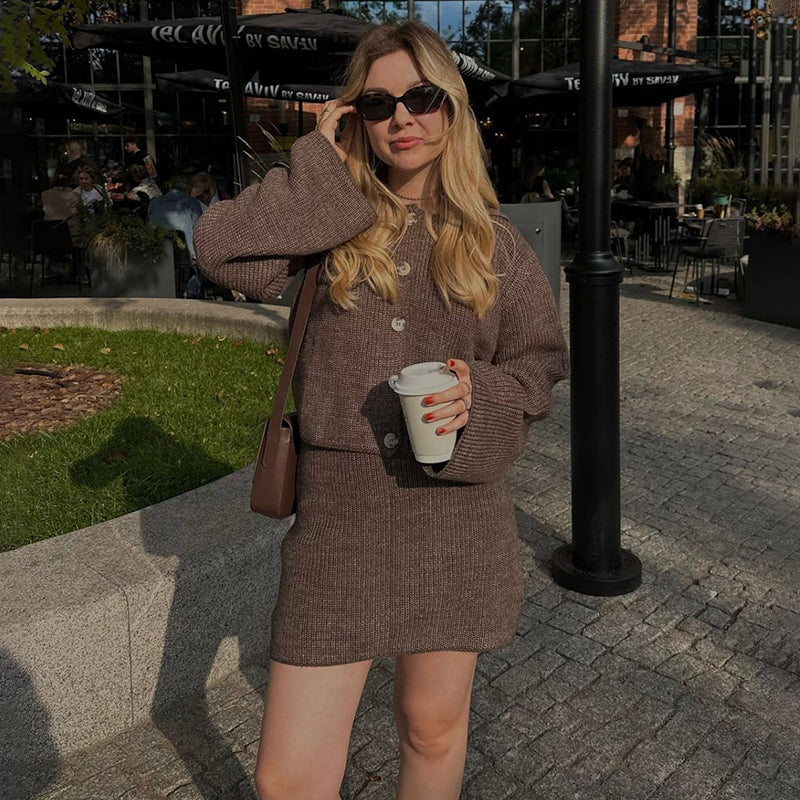 Women's Knitted Suit Lapel Flare Sleeve Cardigan Skirt Autumn Winter New Fashion Solid Slim Female Sweater Two Piece SetsChristmas Gifts