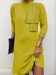 Loose Three-quarter Sleeves Buttoned Pleated Solid Color Split-Joint Tasseled Mock Neck Mini Dresses