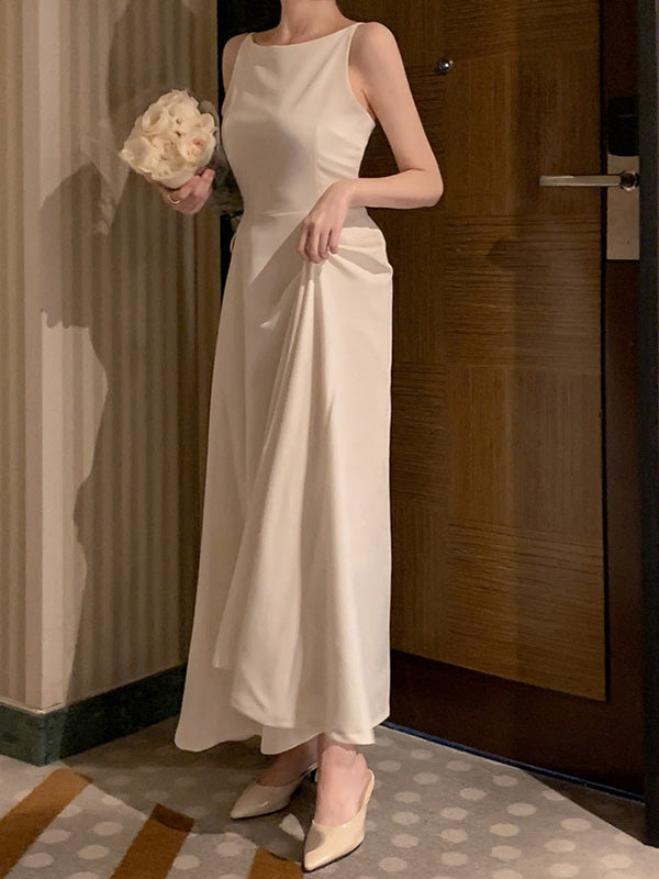 Solid Color A-Line High Waisted Spaghetti-Neck Maxi Dresses