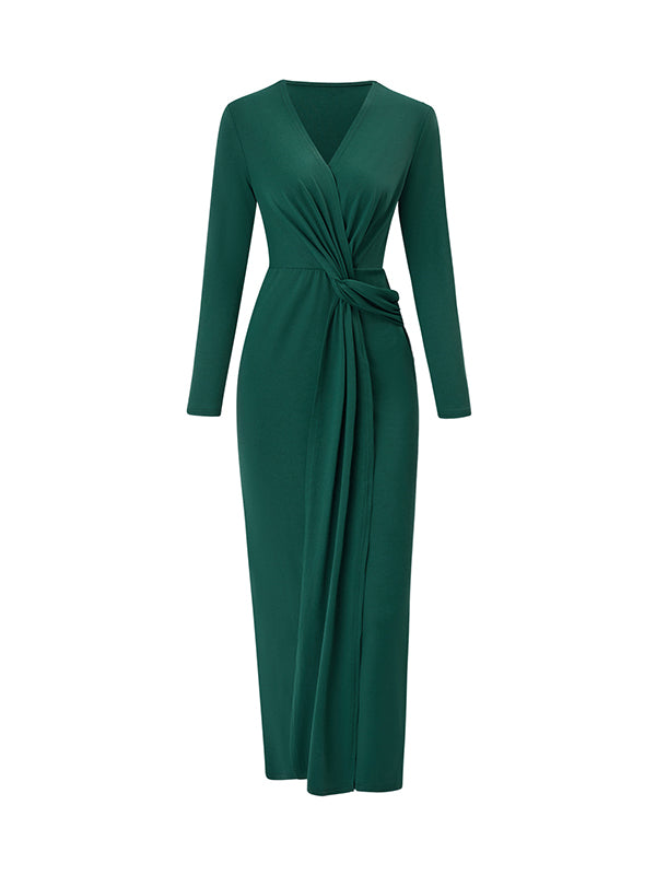 Bodycon Long Sleeves Bowknot Solid Color V-neck Maxi Dresses
