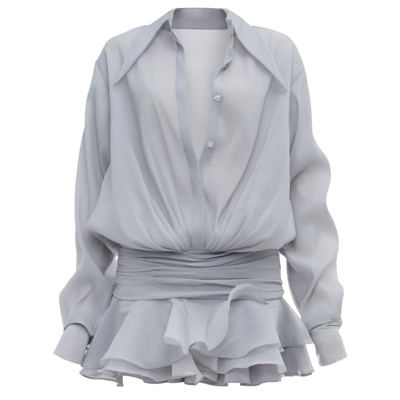 Sexy Ruffled Single-Breasted Shirt Dress For Women Solid Color Lapel Collar Micro Perspective Long-Sleeved Ruched DressChristmas Gifts