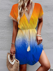 Elasticity Gradient Hollow Split-Joint Tasseled Tied Waist A-line Loose V-neck Mini Dresses