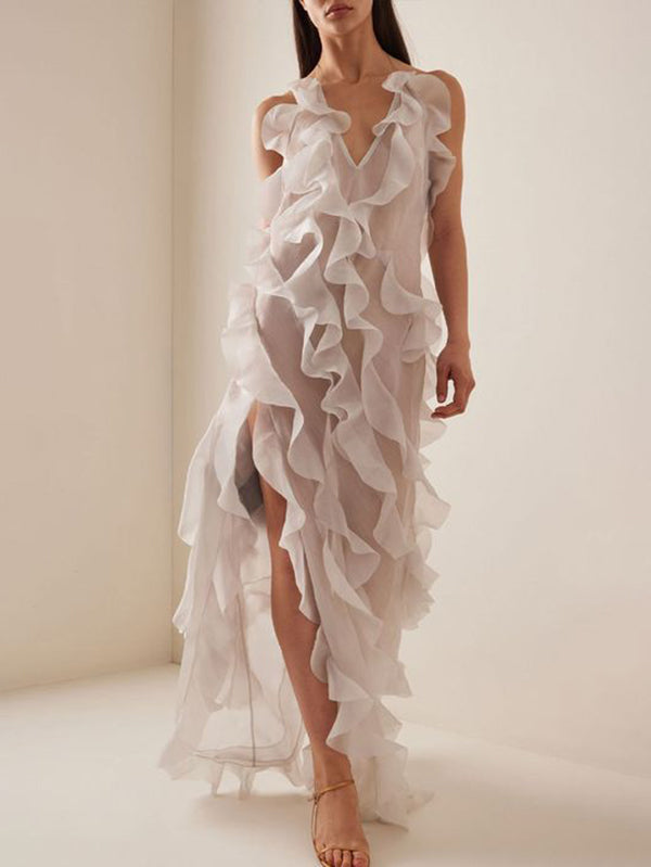 Backless Mesh Ruffle Trim See-Through Split-Side Tied Loose Sleeveless Halter-Neck Maxi Dresses