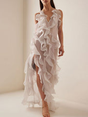 Backless Mesh Ruffle Trim See-Through Split-Side Tied Loose Sleeveless Halter-Neck Maxi Dresses