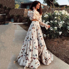 classy winter outfits Butterfly Print Two-Piece Bohemian Large Skirt Long Dress Casual Beach Dress