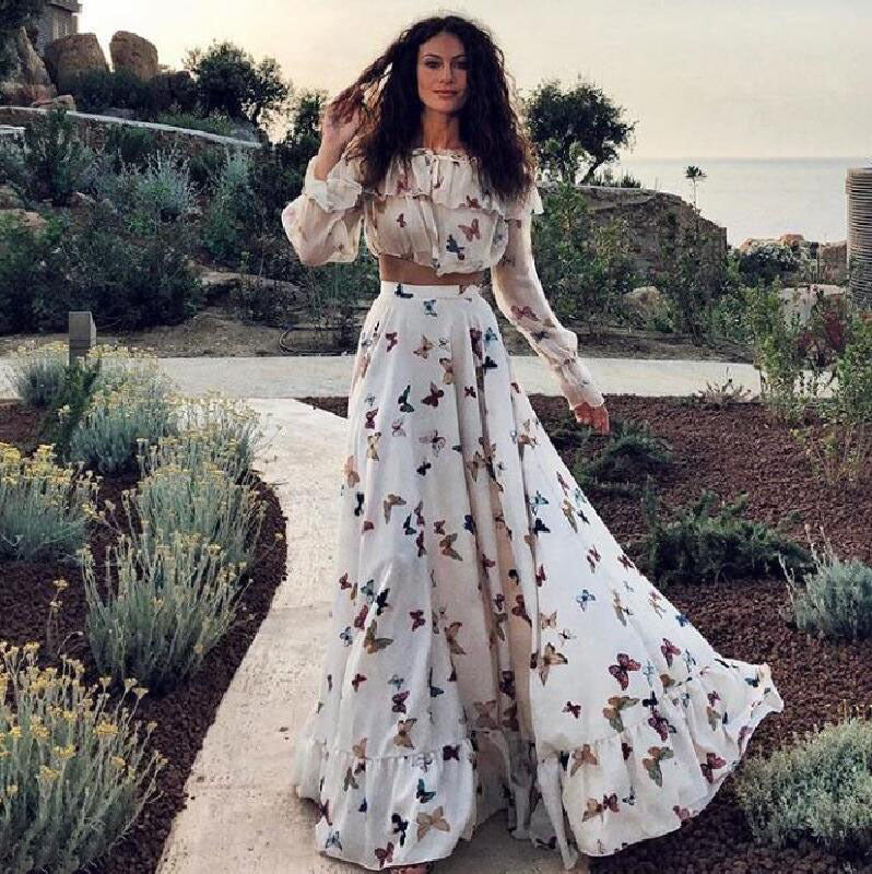 classy winter outfits Butterfly Print Two-Piece Bohemian Large Skirt Long Dress Casual Beach Dress
