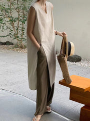 2025 New Fashion Elegant Linen Slit Sleeveless Simple Dress