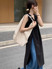 2025 New Fashion Elegant Linen Slit Sleeveless Simple Dress