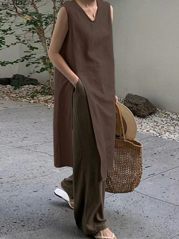 2025 New Fashion Elegant Linen Slit Sleeveless Simple Dress