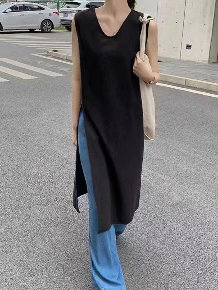 2025 New Fashion Elegant Linen Slit Sleeveless Simple Dress