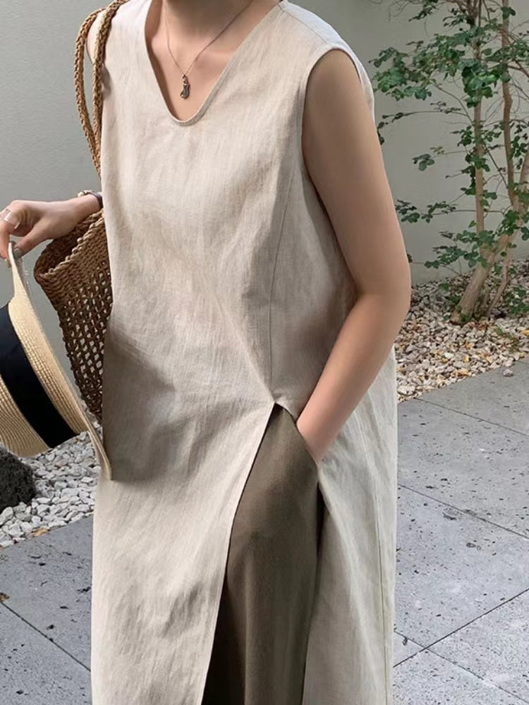 2025 New Fashion Elegant Linen Slit Sleeveless Simple Dress