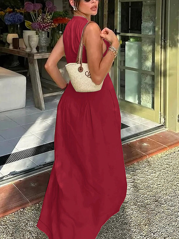Pleated Pockets Split-Joint Zipper A-line Loose Round-neck Maxi Dresses