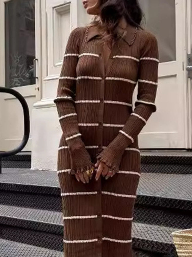 Elegant Slim Striped Knit Long Dress Women's Lapel Retro Block Color Long Sleeve Button Sweater Dress Club Party DressChristmas Gifts