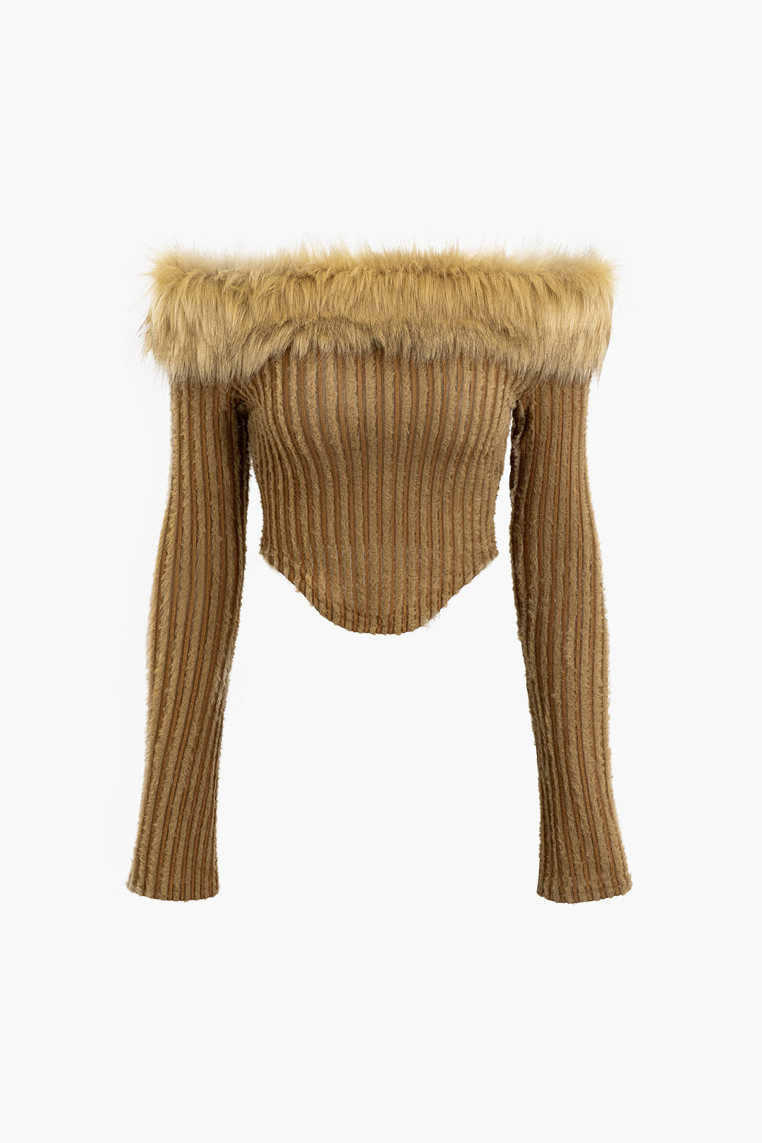 Furry Neckline Off The Shoulder V-hem Long Sleeve Knit Top