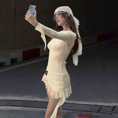 Backless Bandage Long Sleeve Dress For Women Women Sexy Y2K Lace Splice Ruched Ribbons Slim Fit Hot Girl Club Party DressChristmas Gifts