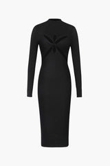 Long Sleeve Cut Out Front Twist Rib Knit Midi Dress