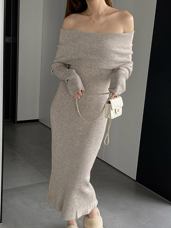 Solid Color Bodycon Long Sleeves Off-The-Shoulder Midi Dresses