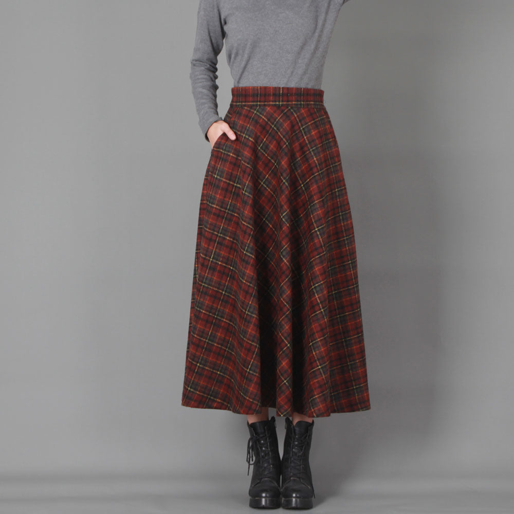 90er-Jahre-Mode Herbst- und Winter-Wollrock Künstlerischer Retro-Karo Großer Swingrock Elastische Taille Mittellang Square Dance Abnehmende A-Linie