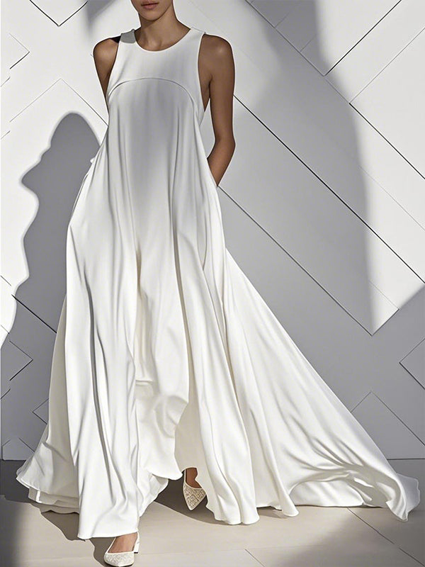 Pockets Solid Color Split-Joint Loose Sleeveless Round-Neck Maxi Dresses