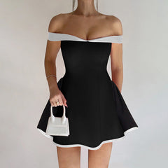 Sexy Tube Top Gown Dress For Women Slim Contrast Color Mini Dresses Elegant Backless One-Shoulder Clothes Female ChicChristmas Gifts