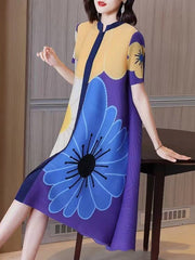 Buttoned Flower Print Pleated A-Line Loose Round-Neck Midi Dresses