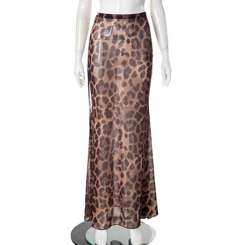 Leopard Mesh Skirt Women's Sexy See-through Mesh Skirt Fashion Printed Patchwork Slim Party Retro Long Skirt Streetwear