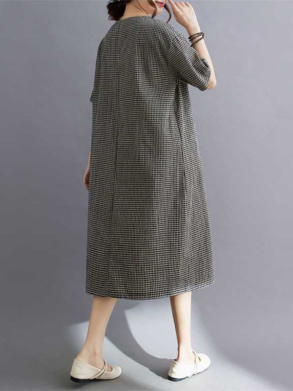 A-Line Half Sleeves Plaid Pleated Split-Joint V-Neck Midi Dresses