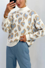 Leopard Pattern Mock Neck Ribbed Trim Sweater