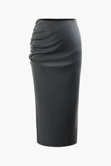 High Waist Faux Leather Ruched Slit Skirt