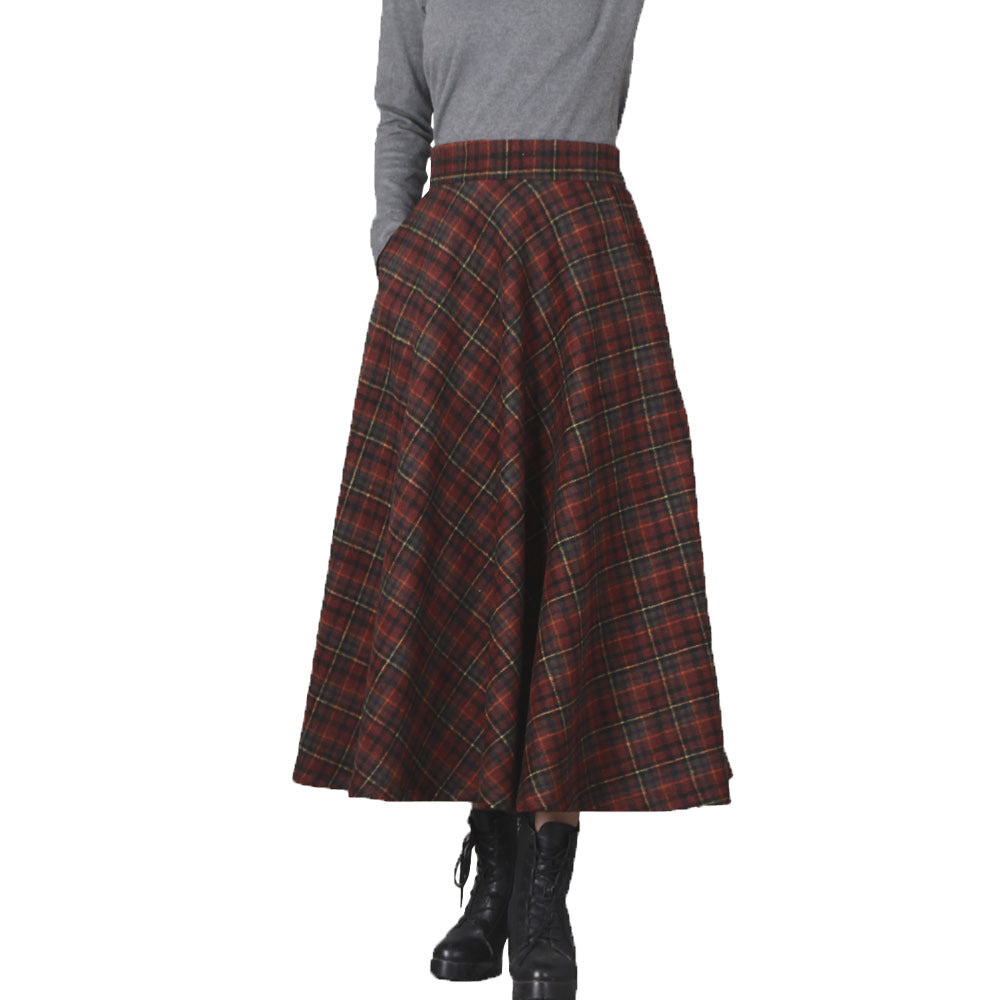 90er-Jahre-Mode Herbst- und Winter-Wollrock Künstlerischer Retro-Karo Großer Swingrock Elastische Taille Mittellang Square Dance Abnehmende A-Linie