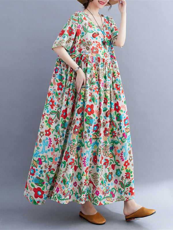 Pleated Printed Split-Joint Loose Short Sleeves Round-Neck Midi Dresses