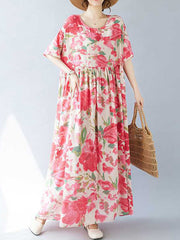 Flower Print Pleated Split-Joint A-line Batwing Sleeves Round-neck Midi Dresses