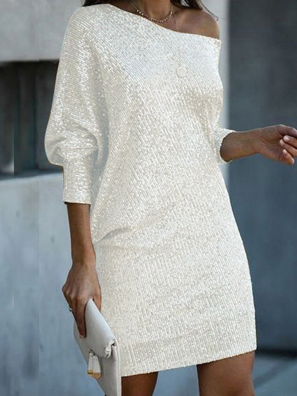 Asymmetric Sequined Solid Color A-line Loose One-shoulder Short Dresses Mini Dresses