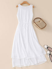 Double Layered Solid Color Tied Waist A-line Loose Round-neck Midi Dresses